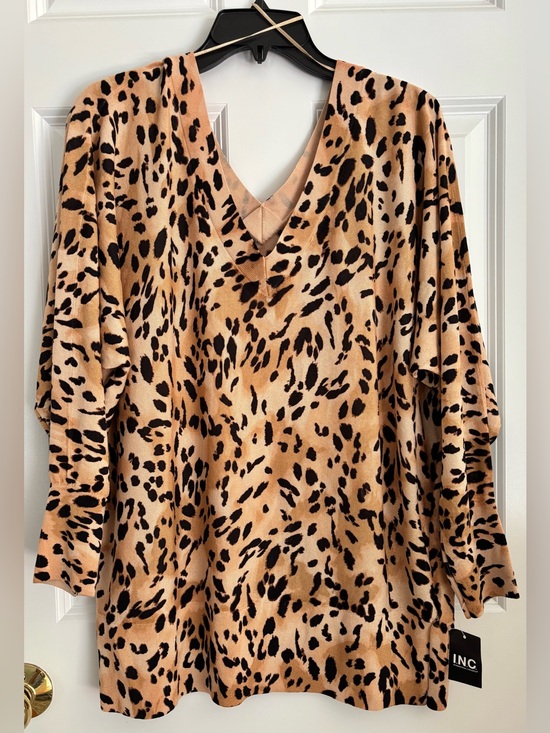 INC International Concepts Tops - INC International Concepts Tan and Black Leopard V-Neck Pullover